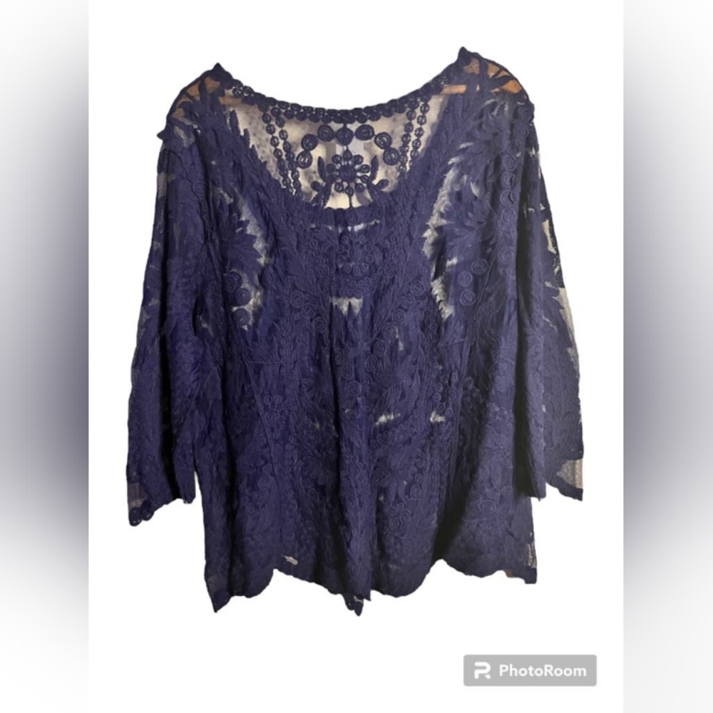 Navy Blue Simply Emma Embroidery Sheer Blouse - Picture 3 of 5